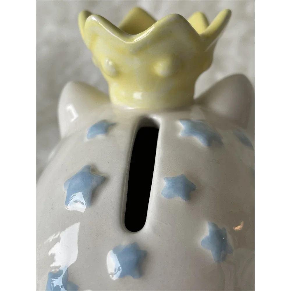 MUD PIE BABY LITTLE PIG PRINCE COIN BANK Blue White Pink With Yellow Crown!